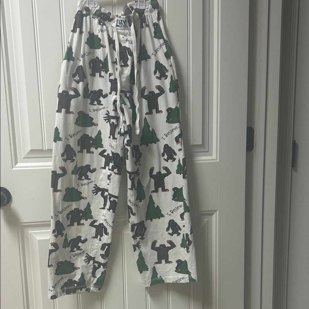 Sasquatch hunters!!! Lazy one Pajama Bottoms with big foot and Tree Print